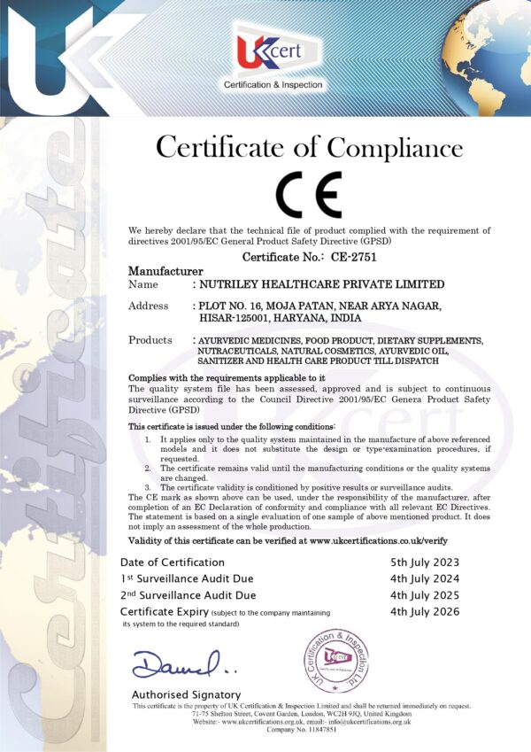 Certificate For Riley Certifications - Nutriley Healthcare